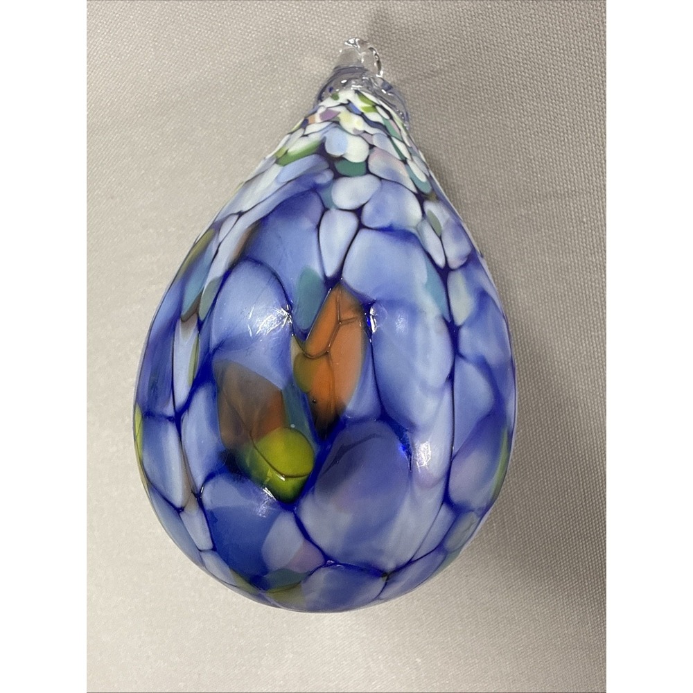 Hand Blown Art Glass Ornament Blue White Suncatcher Teardrop Shape